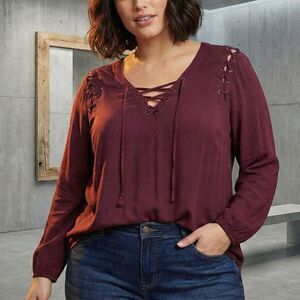 Torrid Tie Neck Grommet Laced Crepe Blouse Wine Long Sleeve 1X